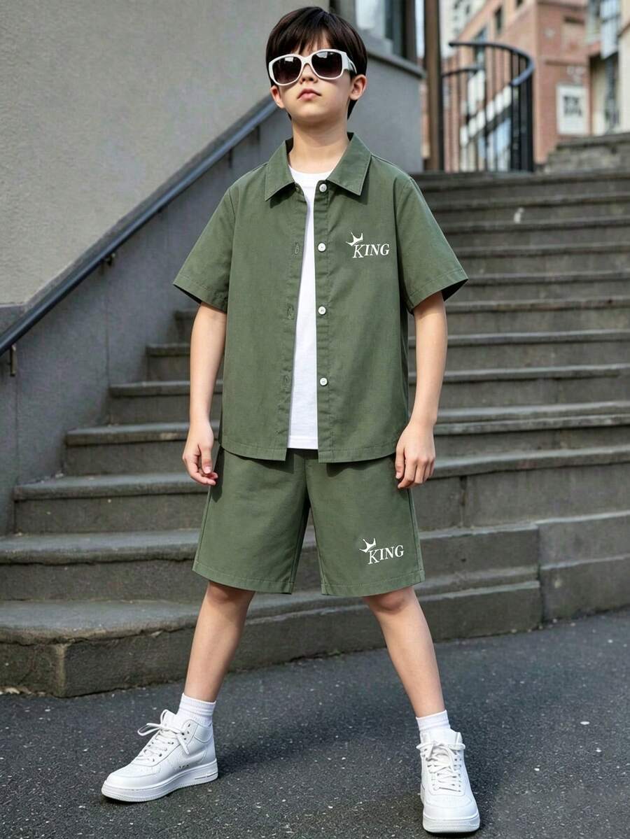 男童夏季休闲日常皇冠字母印花短袖衬衫和短裤套装 - 綠色 - 查看 1