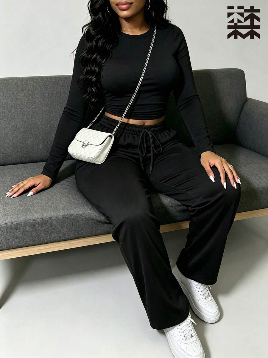 mulinsen Women's Solid Color Round Neck Long Sleeve Cropped Top + Elastic Drawstring Waist Straight Leg Pants 2-Piece Set, Sporty Casual Outfit - Black - View 1