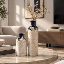 3pcs Blue & Cream Ceramic Decorative Vase Set, Unique Glazed Finish Bottle Vases, Modern European Cottage Decor For Living Room, Bookshelf, Console Table & Home Decoration - 3pcs - View 3