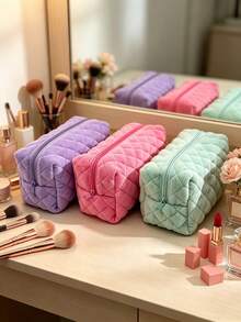 1pc Candy Color Soft Velvet Towel Fabric Makeup Bag, Cute Small Items Toiletry Pouch, Student Portable Storage Bag With Zipper Closure, Suitable For Travel And Daily Use, Cosmetic Travel Bag, Fashionable Organizer Bag - Multicolor - View 6