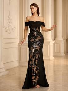 VIPGIRL Elegant Women Black Sleeveless V-Neck Mesh Sequin Slit Long Evening Gown, Suitable For Proms And Formal Events - Black - View 4