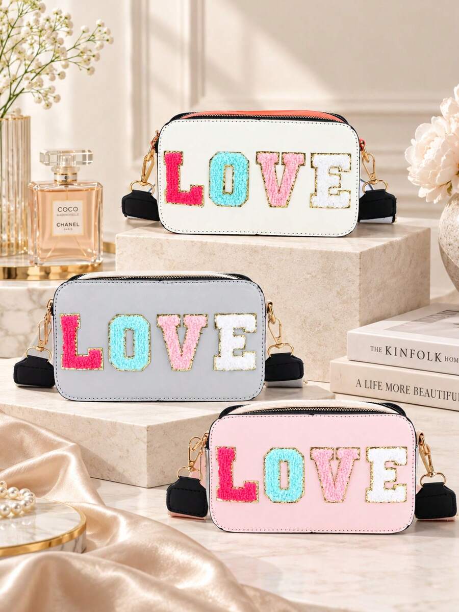 1pc Women's Creative Towel Embroidery LOVE Letter Crossbody Camera Bag, Wide Strap Zipper Small Bag, Sweet Girl Style Shoulder Bag - M1963 - View 1