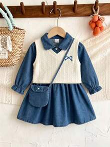 Baby Girl Autumn/Winter Versatile Minimalist Denim Dress & Knit Tank Top 2 Pieces Set - Royal Blue - View 1