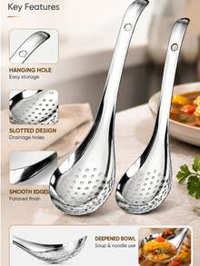 1/2Pcs Stainless Steel Slotted Spoon Set, Kitchen Strainer Ladle With Long Handle, Perforated Cooking Spoon For Soup, Pasta And Frying Food - Multicolor - View 6
