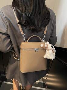 Dark Brown Lychee Textured Soft Leather Small Square Backpack, Top Rounded Handle, Double Zipper Closure, Adjustable Shoulder Straps. Minimalist Vintage Style Backpack, Grained Soft Touch, Moderate Capacity, Can Store Personal Belongings, Versatile Women's Small Backpack For Daily Commute And Outings. - Khaki - View 6