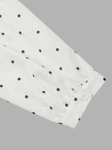 Fall Vintage White Polka Dot V Neck Tie Blouse, Elegant Lace Double Ruffle Bubble Long Sleeve Shirt For Fall Winter - Black and White - View 6