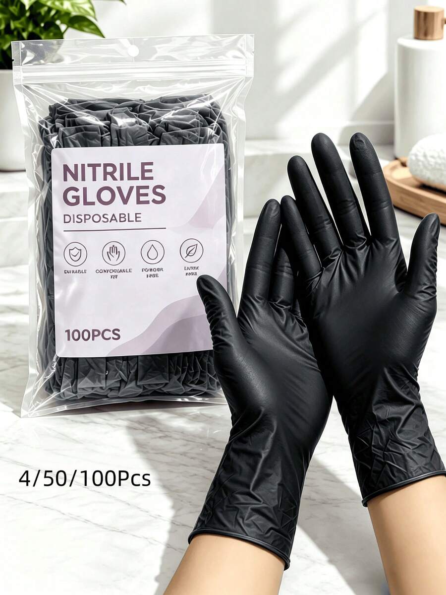 50/100入黑色一次性丁腈手套，左右手通用，適用於浴室、清潔、廚房、刺青、染髮、寵物清潔及DIY手工，適合單人或多人家庭，多場景清潔手套（袋裝）4/50/100入