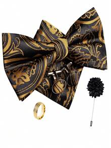 5Pcs Men Khaki Paisley Jacquard Bow Tie Pocket Square Cufflinks Ring Boutonniere Set, Cufflinks Pattern Random For Wedding Business Party - Khaki - View 1