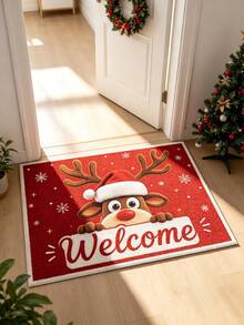 1PC Christmas Entry Door Mat, Red Background Cartoon Style Snowflake Starlight Cute Peeking Red Nose Reindeer Welcome Print Carpet, Seasonal Decorative Mat, With Holiday Design, Christmas Decoration, Perfect Christmas Gift, Perfect Match For Christmas And New Year Celebration, Door Mat, Small Rug, Welcome Mat, Carpet, Floor Mat, Outdoor Door Mat, Kitchen Rug, Home Decor, Front Door Mat, Area Rug - Multicolor - View 3