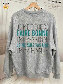 2026 Autumn/Winter Custom Loose Fit Heather Gray Fleece-Lined Pullover Sweatshirt For Women, Letter Print, Minimalist Casual Style - Flower Gray - View 3
