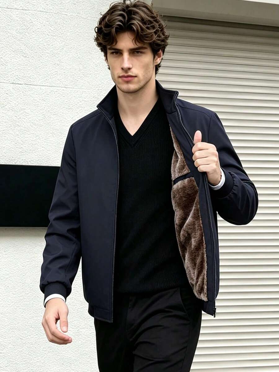1pc Men's Long Sleeve Thermal Lined Winter Coat, Warm Casual Winter Coat With Stand Collar - Blue - View 1