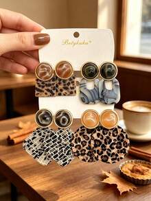 Betykuku 8pcs European & American Fashion Cat Eye Acrylic Square & Round Pendant Earrings - 4 Pairs Leopard Print - View 8