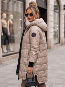 Women's Long Quilted Hooded Jacket With Zip Front And Two Side Pockets - Camel - View 2