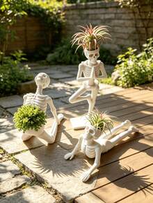 1/3pcs Vintage Funny Skeleton Figurine Succulent Planter, Halloween Multiple Yoga Pose Bone Sculpture Flower Pot, Niche Art Desktop Decor, Suitable For Air Plant Micro Landscape Decoration Container - Yoga Skeleton - View 4