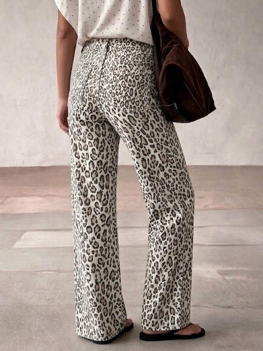 QFX Women's Leopard Print Straight Leg Jeans, Fashion Casual Pants, Suitable For Multiple Occasions, Autumn - Beige - View 1