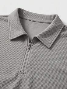 Waffle Knit Casual 2 Pieces Set Half-Zip Polo Shirt With Contrast Cuff Short Sleeve & Straight Leg Pants Light Business Commute Spring Summer Outfit - Grey - View 3