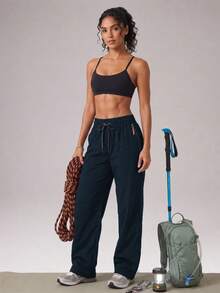 CZRLHYT Women's Drawstring Zipper Pocket Woven Pants, Multi-Functional Loose Long Pants For Outdoor Activities - Navy Blue - View 2