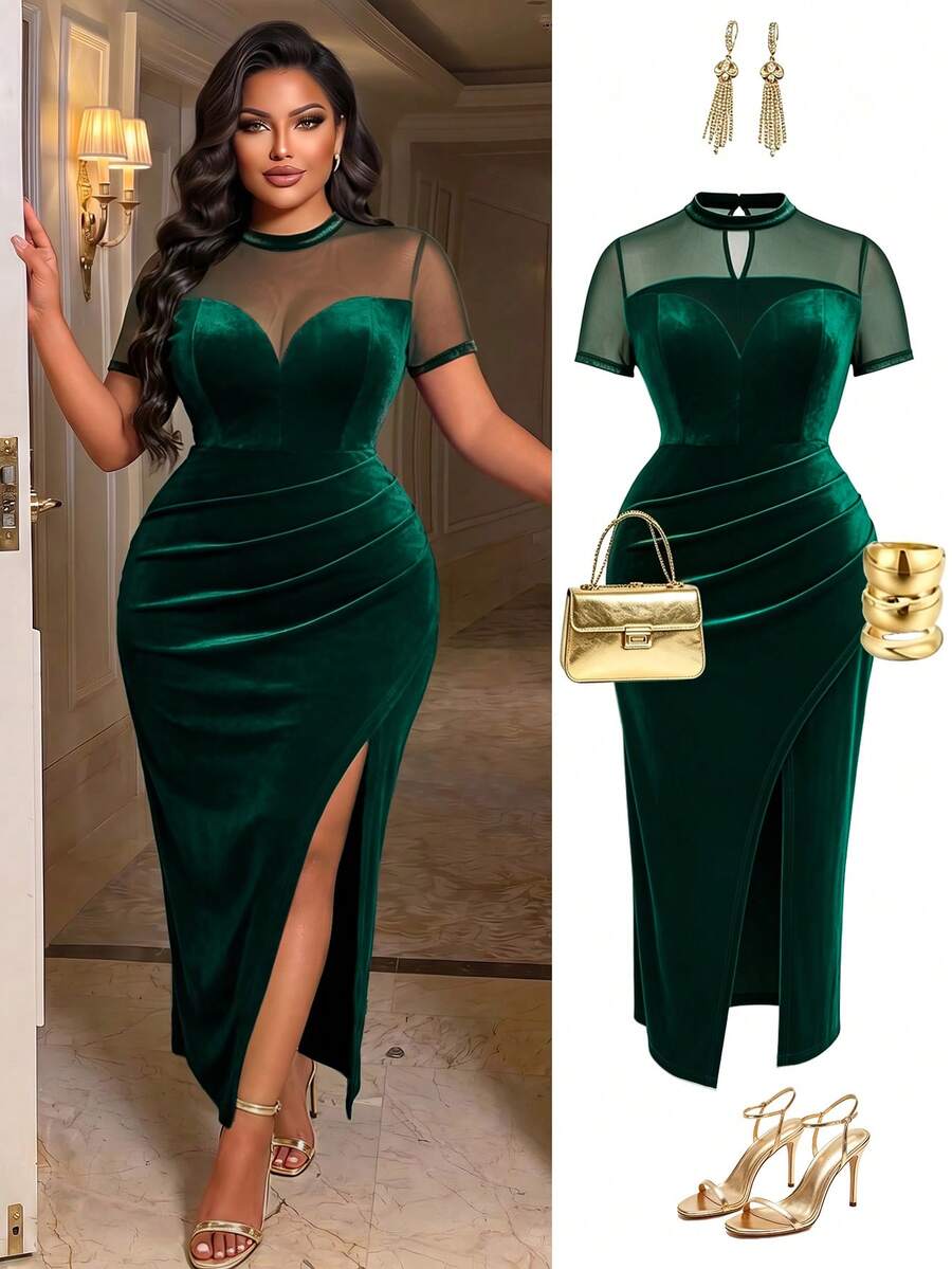 BIUBIU Plus Size Women's Velvet Short Sleeve Formal Gown Green Long Fitted Dress With Ruched Slit And Sheer Round Neck, Perfect For Prom & Evening Parties - Dark Green - View 1