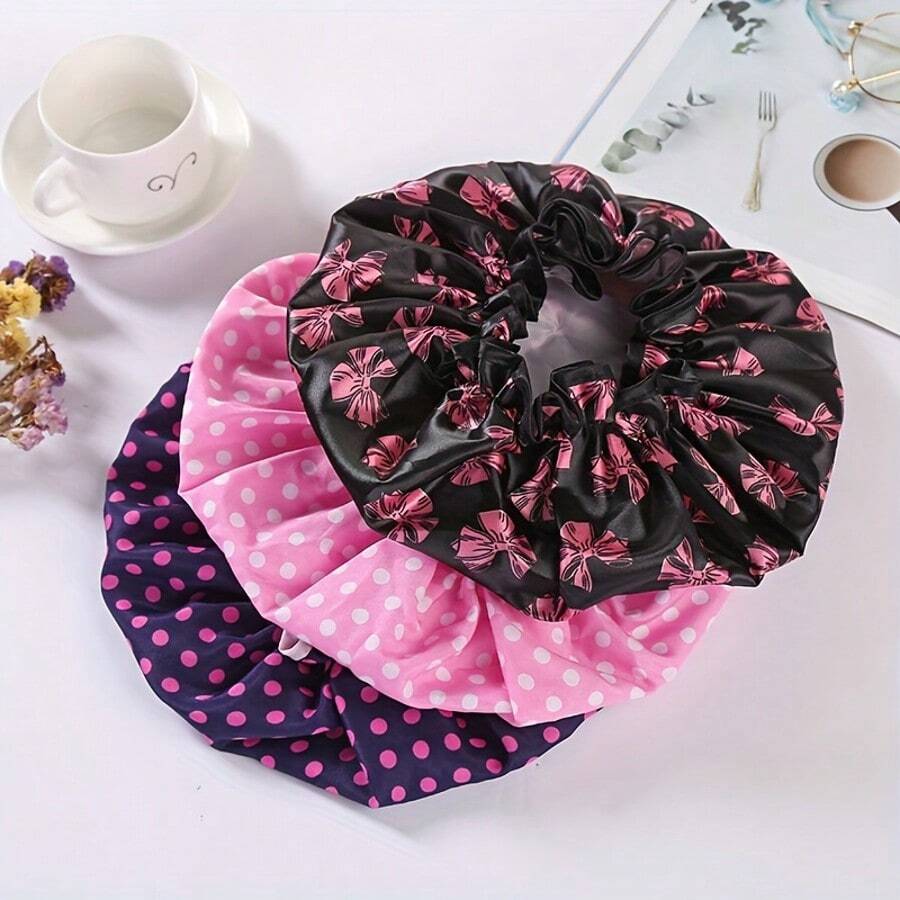 1pc Double Layer Printed Waterproof Shower Cap, Inner And Outer Double Layer Design, Outer Layer Printed Chiffon Fabric, Inner Waterproof Lining - View 1