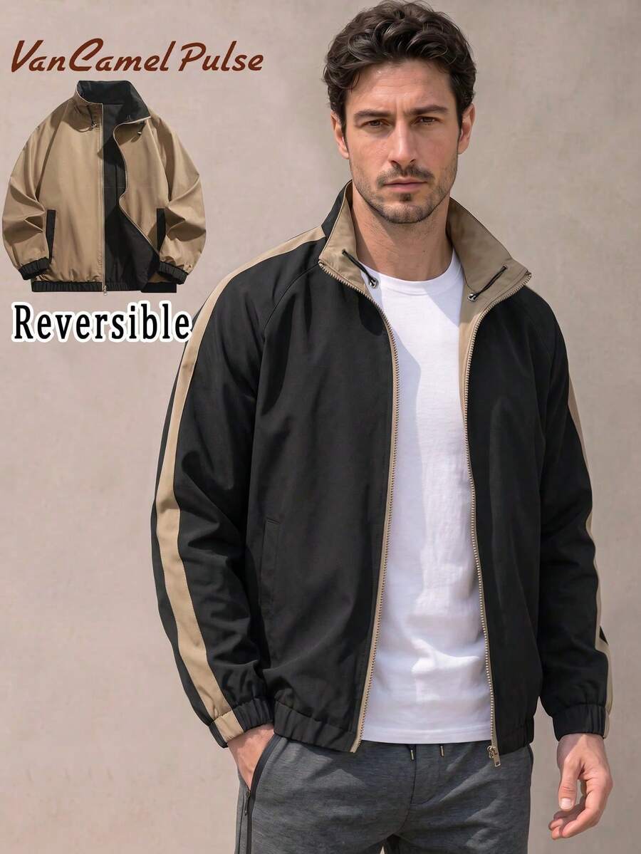 Vancamel Pulse Men's Reversible Outdoor Casual Sports Jacket, Spring/Autumn, Minimalist Versatile Lapel Collar Jacket - Black - View 1