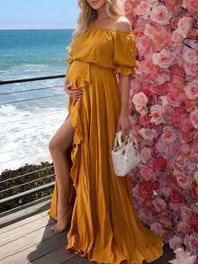 Bohemian Style Off-Shoulder Maternity Dress, Ruffle Sleeve Cuffs And Slit Hem, Perfect For Photos Fall - Ginger - View 1