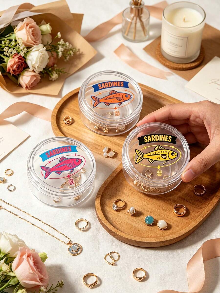Transparent Jewelry Storage Box Packaging Box, Jewelry Boxes, With Cute Sardine Pattern, Creative Desktop Storage Box With Lid, Storage Bins For Home Organization, For DIY Crafts, Jewelry Display & Packaging Supplies, Christmas, Ramadan, Weddings - Multicolor - View 1