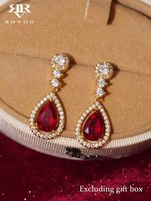 1 Pair Elegant Luxury Cubic Zirconia Teardrop Earrings Suitable For Women's Wedding Party Banquet - Golden Yellow + Red - View 1