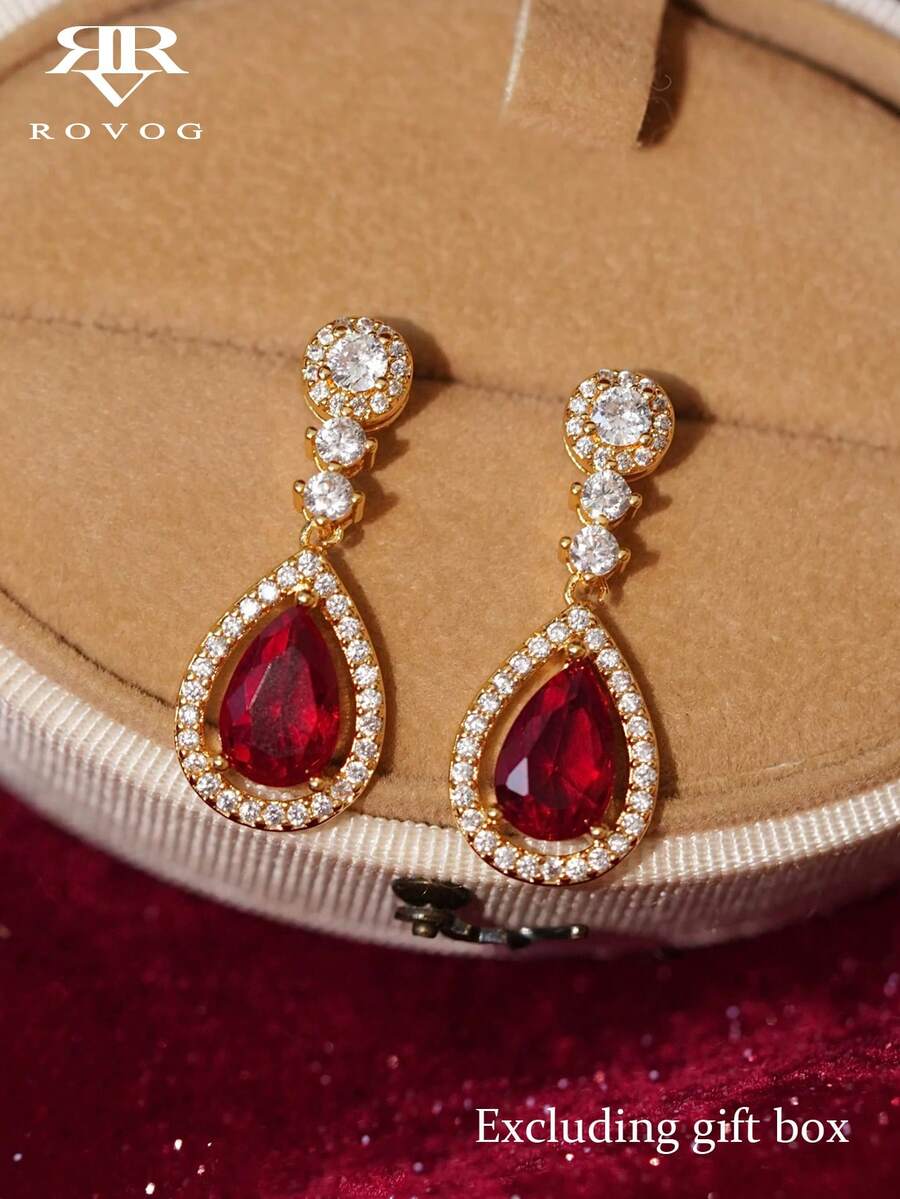 1 Pair Elegant Luxury Cubic Zirconia Teardrop Earrings Suitable For Women's Wedding Party Banquet - Golden Yellow + Red - View 1