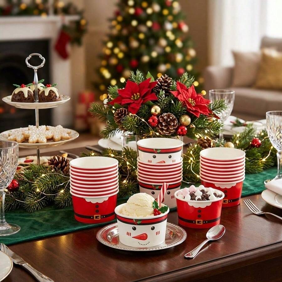 Cốc giấy đựng đồ ngọt Giáng Sinh hình ông già Noel và người tuyết, dùng cho bắp rang bơ, kẹo, đồ ăn nhẹ, kem, quà tặng tiệc lễ hội và trang trí bàn tiệc Giáng Sinh - Kiểu 1 - Xem 1