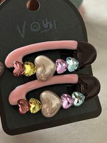 1pc Pink Heart-Shaped Hair Clip, Cute Girl Bangs Clip With Oil Painted Crystal Edge, Forehead Hair Accessory - Multicolor - View 5