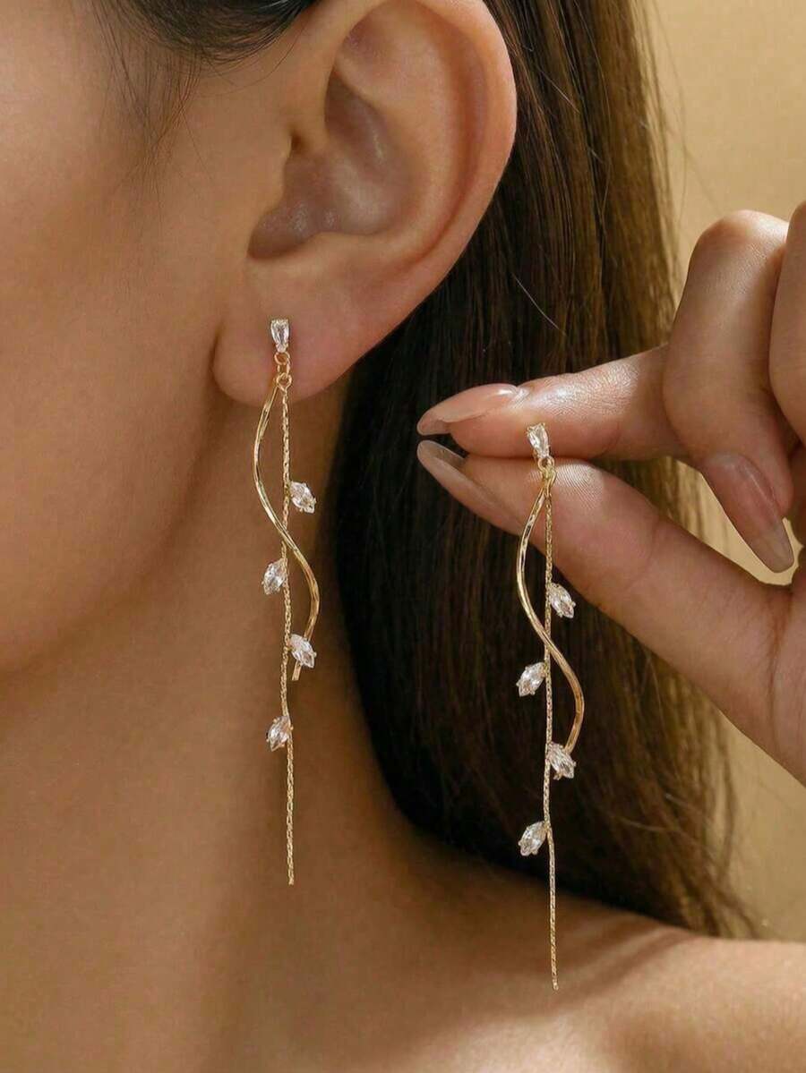 2 Pieces Elegant Long Leaf Tassel Earrings For Women, Ins-Style Twisted Long Drop Earrings, Suitable For Daily Wear - Gold - View 1
