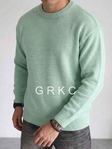 GRKC 男士圓領長袖針織寬鬆休閒簡約套頭毛衣，適合秋冬穿著 - 薄荷綠 - 查看 6