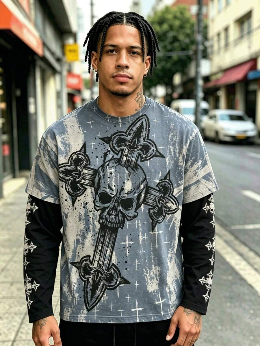 Men's Distressed Gray Skull Sword Cross Print 2 In 1 Long Sleeve T ...