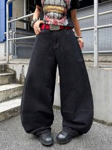 Infinite Jeans 1pc American Street Fashion Men's Large Pocket Embroidered Wide Leg Loose Comfortable All Season Denim Jeans Long Pants (Product Does Not Include Belt And Accessories) - Black - View 2
