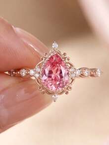 1pc Women Vintage Pear Cut Pink Cubic Zirconia Engagement Ring, Elegant Romantic Bridal Jewelry For Wedding Anniversary Birthday Gift For Her - Multicolor - View 2