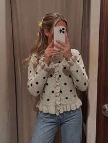Women's Autumn/Winter Polka Dot Ruffle Knit Cardigan, Casual Daily Long Sleeve Vacation Outfit, Fashion Slim Fit Top - Multicolor - View 4