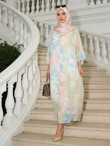 1pc Floral Print Button Women's Long Abaya, Suitable For Festival, Wedding, Vacation, Daily, Date, Travel, Spring/Summer - Green - View 4