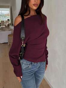 Sweater Kasual Minimalis Elegan dan Glamor, Atasan Rajut Pas Badan dengan Bahu Asimetris untuk Perjalanan Sehari-hari - Burgundy - View 7