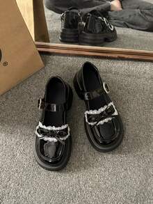 1 Pair Girls Black Lace Thick Sole Mary Jane Shoes, Fashionable School Style Comfortable Versatile Shoes - Black - View 4