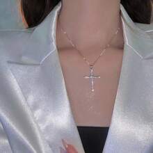 1pc Full Rhinestone Star Cross Necklace, Simple Fashion Casual Daily Wear - Silver - View 3
