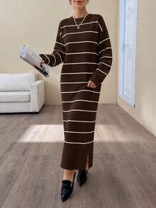 Sweater Dress; Women Striped Pattern Drop Shoulder Polo Neck, 26 Fall/ Winter New - Brown - View 7