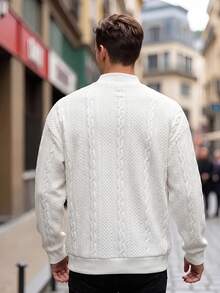 Striville Men's Autumn/Winter 3D Cable Knit Textured Sweatshirt, Semi-High Neck White Metallic Thread Double Layer Long Sleeve Pullover - White - View 4