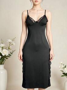 Sexy Deep V-Neck Tank Top Ice Silk Split Maxi Dress With Lingerie Set, Suitable For Valentine's Day Gift, Sexy Sleepwear - Black - View 2