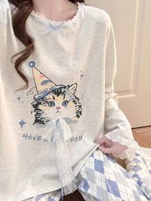 2pcs/Set Women's Pajamas Loungewear Set, Round Neck Pullover Cute Cat Print Long Sleeve Pants, Easy Care Fabric - Light Grey - View 5