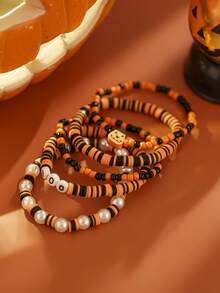 5pcs Gothic Halloween Atmosphere Layered Bracelet Set, BOO Letter Pumpkin Element, Black & Orange Faux Pearl Hand Jewelry, Great Gift Item - Multicolor - View 4