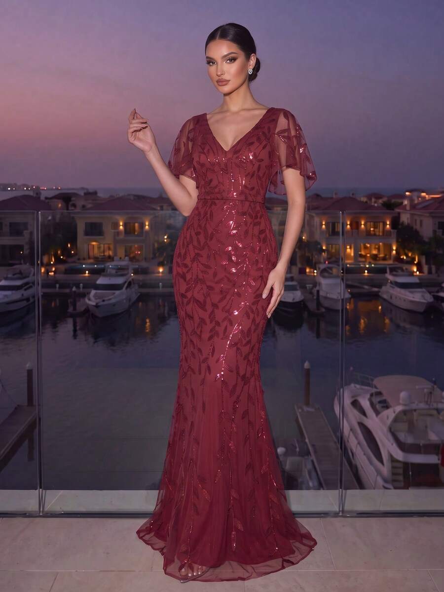 EVERPRETTY 秋季優雅V領亮片花卉酒紅色新娘母親禮服 正式婚禮賓客亮片緊身舞會正式晚禮服 適合聖誕節 - 酒紅色 - 查看 1