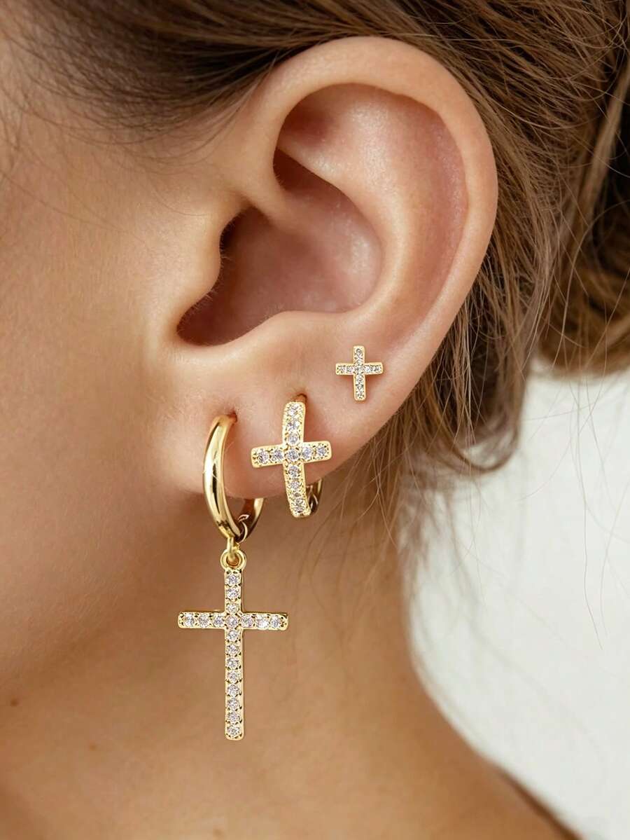 Nooxian 1 Set Gold Rhinestone Cross Earrings 3pcs Set Full Rhinestone Cross Studs + Cross Ear Cuffs + Cross Pendant Hoop Earrings Cool Layered Earring Set - Yellow Gold - View 1