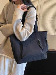 1件純色複合布料極簡Ins風多拉鍊口袋防水大容量可折疊女款工作包，適合女士日常通勤、外出、購物、旅行度假，簡約行李收納學生校園托特包，女友節日禮物 - 黑色 - 查看 9