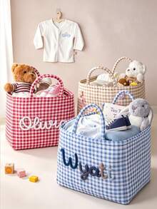 1Pc Personalized Name Check Quilted Storage Basket With Carry Handles, Large Capacity Fabric Storage Bin, Multi-Use Organizer For Toys, Garments And Daily Items, Portable Home Storage Tote, Wonderful Gift For Baby Shower, Newborn And Housewarming - Multicolor - View 2