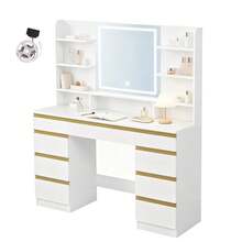 HaluPeit Dressing Table With LED Light, Vanity Desk With 1 Large Drawer And 8 Small Drawer Cabinets, Adjustable Brightness, Large HD Mirror, 9 Open Storage Areas - Platinum - View 8